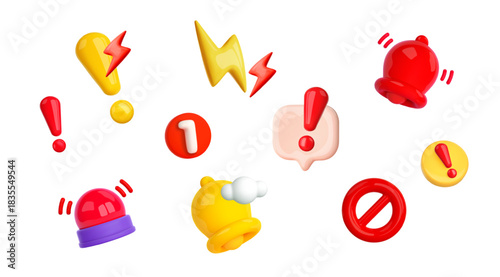 3d icon alert, danger, important information, problem. Danger attention bell, message speech bubbles, alert notification, prohibited sign, siren signal. Emergency exclamation element illustration