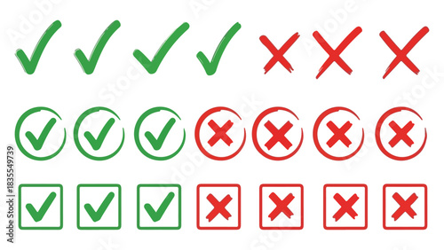 Hand-Drawn Check & Cross Icon Set – Doodle Checklist Marks, Chalk Vote Symbols, Grunge Ink Ticks, Cancel Signs, Arrow Strokes & Sketchy Crayon Elements for Illustrations and UI Design