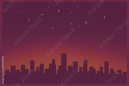 Abstract Halftone Cityscape Vector Background With Glowing Orange Horizon And Stipple Dot Matrix Stars Retro Mosaic Urban Night Skyline Illustration For Poster Or Banner