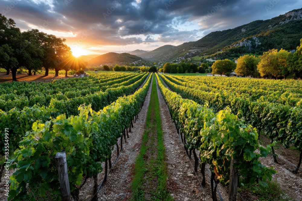 Naklejka premium Vineyard Sunset Rows Mountains Clouds Nature Landscape