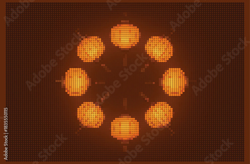 Halftone dotwork hanging lanterns in radial symmetry. Glowing orange mosaic lights vector background. Retro geometric circle lamp design for festival or holiday poster.