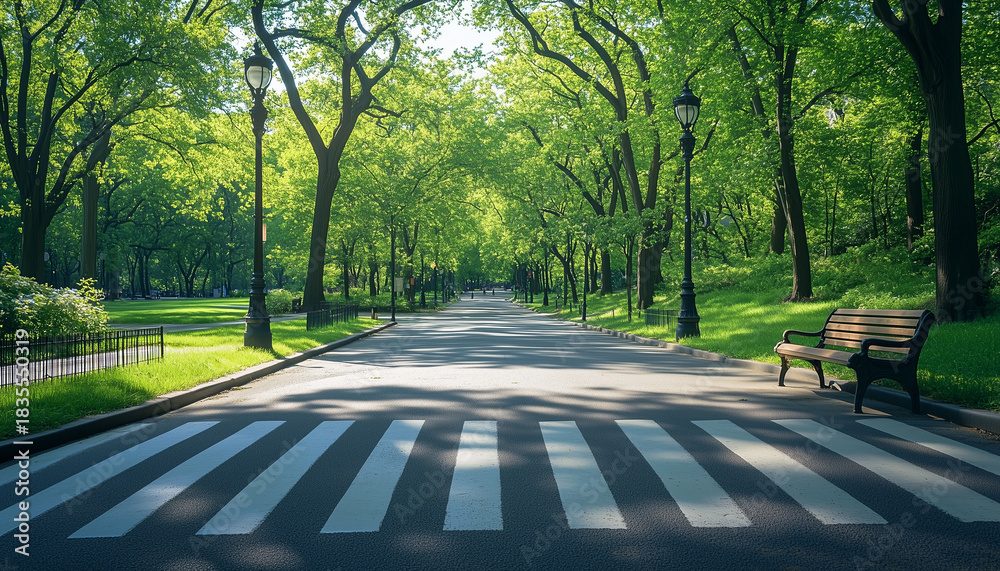 Fototapeta premium Pedestrian zebra crossing on asphalt road with green park area and trees. Crosswalk marking signals safe street passage for walkers and
