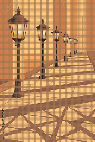 Stipple halftone vector illustration of retro street lanterns lining a walkway creating geometric shadows. Pixel mosaic perspective design with warm brown colors.