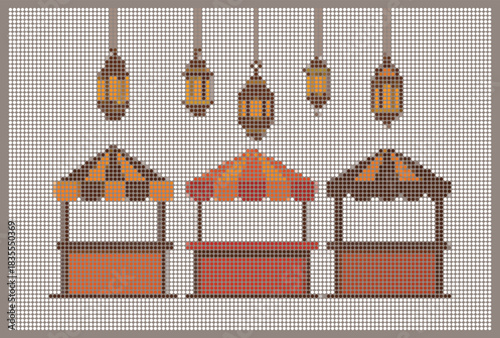 Stipple Halftone Mosaic Market Stalls Hanging Lanterns Vector Illustration Ramadan Eid Bazaar Kiosk Design Orange Brown Pixel Art Geometric Dot Pattern Poster Background