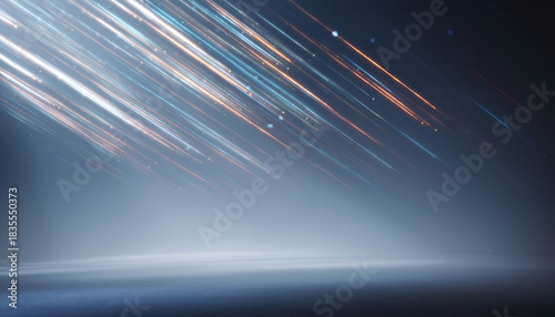 Abstract Digital Background With Streaking Lights And Fog Effect In A Studio Setting Creating A Futuristic Atmosphere With Blue And Orange Hues
