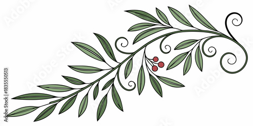 Elegant olive branch vector illustration with swirling leaves and decorative red berries, ideal for wedding or product design.