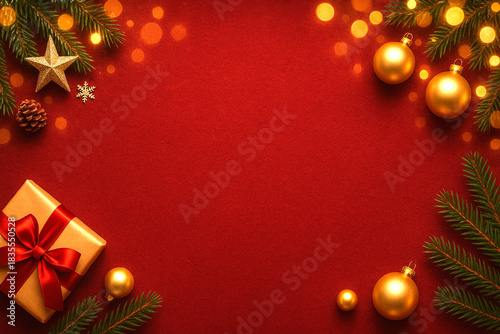 Top-down view of red Christmas background with gold baubles, gift box, pine branches and bokeh lights perfect festive frame with copy space for holiday use and greetings.