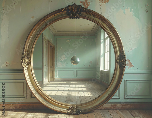 A mirror reflects a room that looks normal, except for a single floating object in the air.