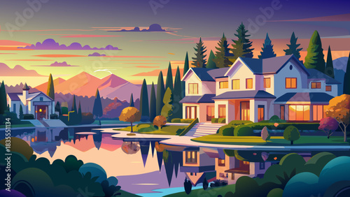 Very beautiful sunset glow illuminates luxurious lakeside estates surrounded by lush green trees, peaceful water reflections, and elegant architectural layouts within an exclusive suburban community.