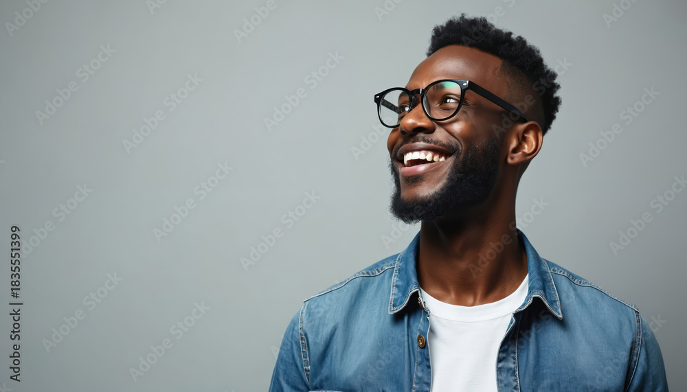 Obraz premium Black man with glasses smiles widely. Portrait of an African American guy with a happy expression. Person wears denim shirt looking up in a studio. Joyful male face close up.