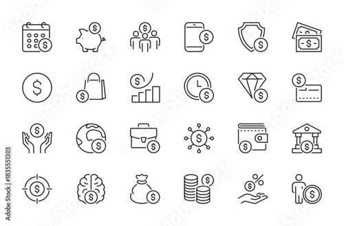 Dollar icon set. Currency, money, finance, piggy bank, banknote, value, credit card, savings, wallet, bank, income, payday, global, financial, etc. Vector illustration. Isolated on a white background.