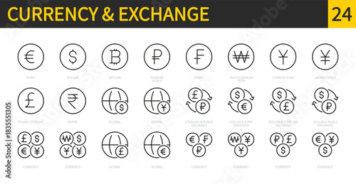 Currency & exchange icon set. Euro, dollar, bitcoin - cryptocurrency, russian ruble, franc, won, yuan, yen, pound sterling, rupee sign. World money. Editable stroke. Vector illustration. Flat design.