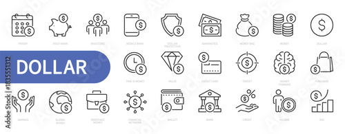 Dollar icon set. Currency, money, finance, piggy bank, banknote, value, credit card, savings, wallet, bank, income, payday, global, financial, etc. Vector illustration. Isolated on a white background.