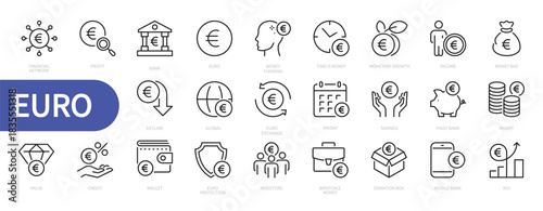 Euro icon set. Currency, money, finance, bank, profit, income, money bag, roi, exchange, savings, piggy bank, wallet, credit, financial, etc. Vector illustration. Isolated on a white background.