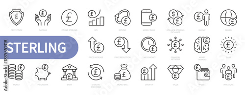 Pound sterling icon set. Currency, money, finance, savings, cash, financial network, bank, money bag, growth, piggy bank, value, wallet, etc. Vector illustration. Isolated on a white background.