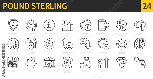 Pound sterling icon set. Currency, money, finance, savings, cash, financial network, bank, money bag, growth, piggy bank, value, wallet, etc. Vector illustration. Isolated on a white background.