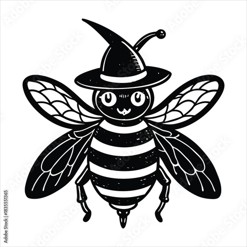 A bee wearing a little witch hat for halloween wh