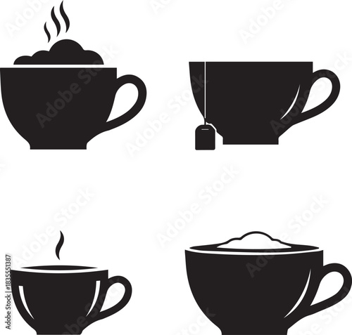 Set of four black silhouette icons representing different hot beverages in cups