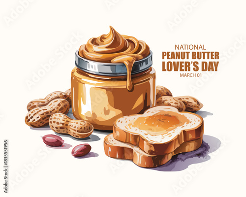 National Peanut Butter Lover's Day vector. Toasted bread with peanut butter icon. Peanut butter jar and spread bread vector. Peanut butter sandwich illustration. March 1. Important day