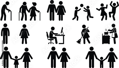Set of Black Pictograms Representing Family Life, Relationships, Generations, and Diverse Social Activities Including Grandparents, Couples, Parents, Children, and Household Chores Vector Icon.