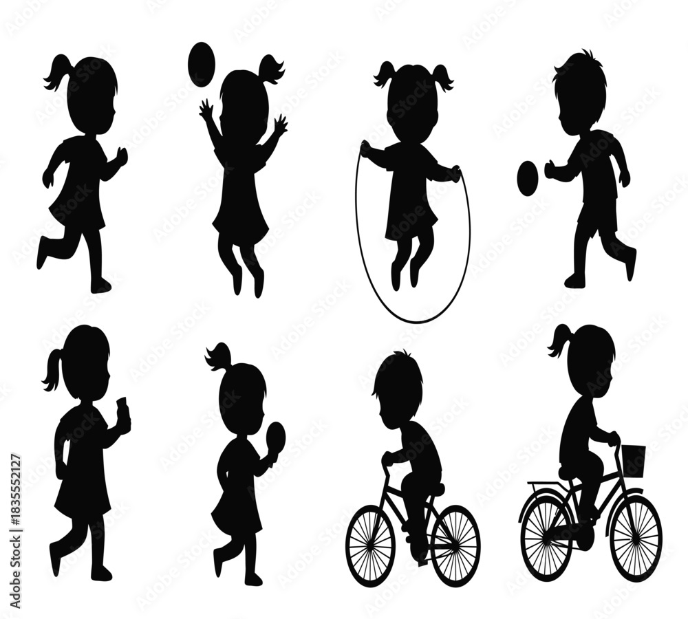 Obraz premium A collection of black silhouettes depicting children engaging in various play activities. Running, jumping, cycling, and ball games are shown. Ideal for educational, health, and youth-related designs.