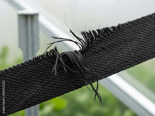 Worn textile strap shows damage and degradation in outdoor environment