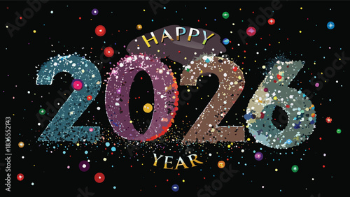 "Happy New Year 2026" formed by thousands of tiny sparkling diamond particles suspended in mid-air, rainbow prismatic caustics, black velvet backdrop, luxury jewelry lighting