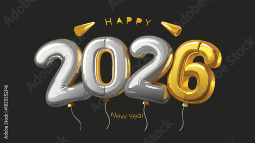 "Happy New Year 2026" in 3D inflated metallic balloons, realistic helium shine and subtle creases, golden and silver gradient, soft studio lighting, floating with thin strings