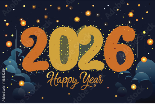 Happy New Year 2026, in knitted wool typography, soft yarn texture, warm fairy-light bokeh background, cozy winter feel