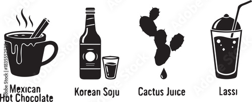 Mexican hot chocolate tequila cactus juice and latte drinks in a row