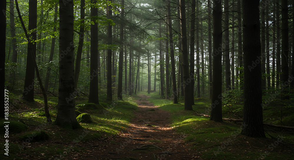 Fototapeta premium Path Through a Forest with Dense Trees and Moss