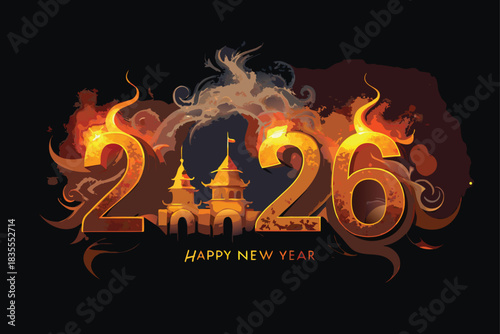 Happy New Year 2026 made of burning incense smoke forming perfect letter shapes, ethereal glowing particles, dark temple background, and a spiritual atmosphere