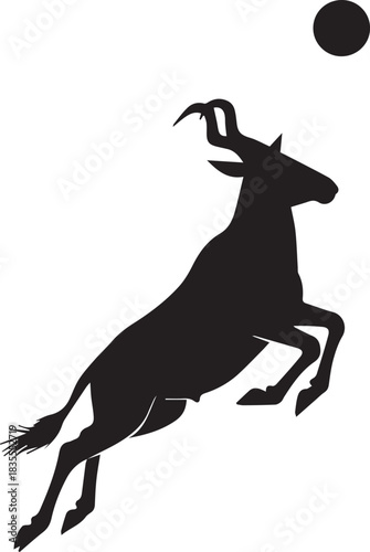 Silhouette of a wildebeest leaping towards a ball