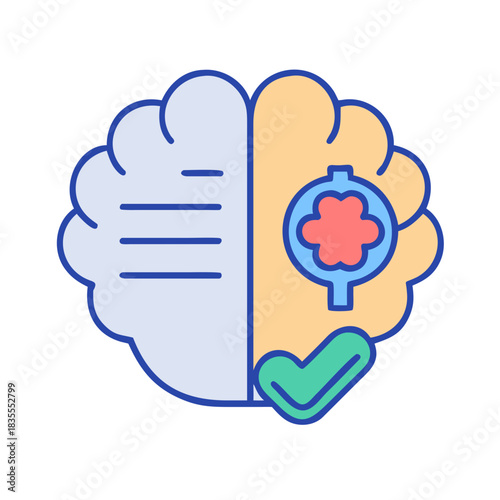 Creative problem solving shown with a brain divided into rational and intuitive halves