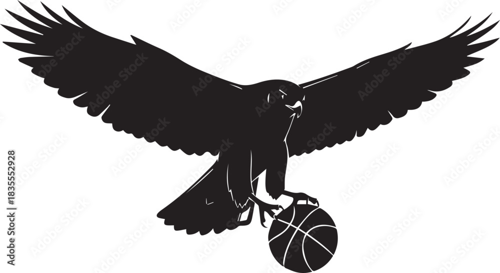Fototapeta premium Silhouette of a raven holding a basketball in its talons