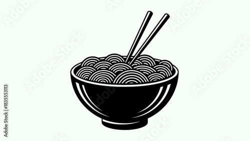 Black and White Bowl of Noodles with Chopsticks Clip Art