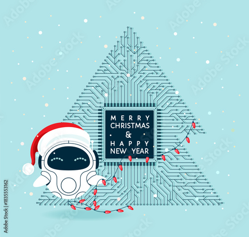 Merry Christmas and Happy New Year greeting card with a robot wearing Santa hat, decorating circuit board fir tree with garland. Futuristic technological style. Flat vector design