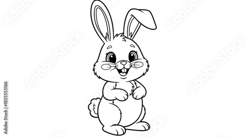 Cute Cartoon Bunny Sitting and Smiling Line Art Illustration