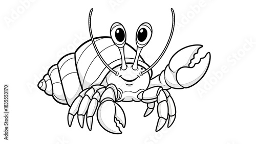Cute Hermit Crab Cartoon with Big Eyes Line Art Illustration