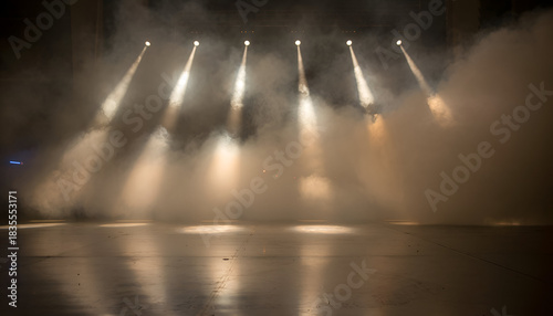 Five bright spotlights illuminating dense stage smoke with dramatic lighting effects creating an atmospheric and moody ambiance on a reflective dark floor stage with scattered debris