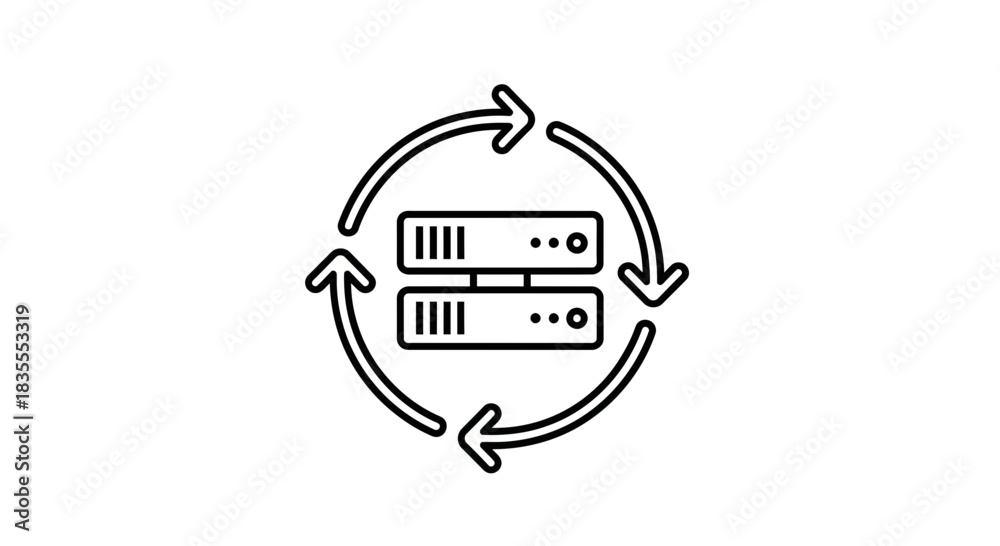 Fototapeta premium Data Backup Server with Circular Arrows Line Art Icon