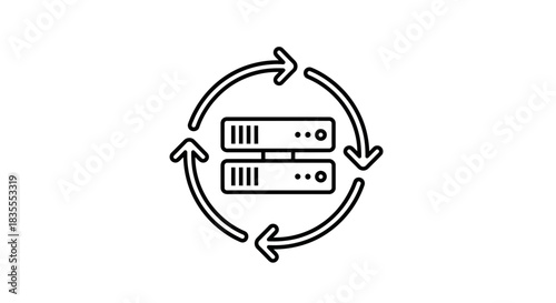 Data Backup Server with Circular Arrows Line Art Icon