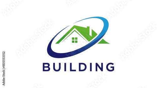 Modern Building Logo with House Roof and Swoosh Design