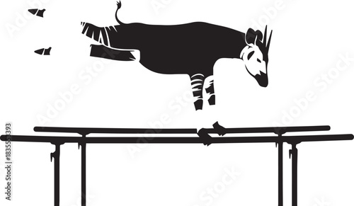 Stylized okapi leaping over a bar in silhouette
