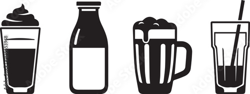 Collection of simple black and white beverage icons including coffee milk beer and soda