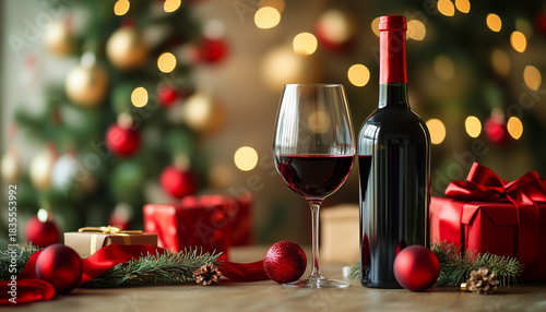 Glass of red wine, bottle and Christmas decor on wooden table against background with blurred lights