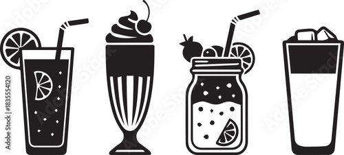 Set of four black and white stylized beverage illustrations with straws and garnishes
