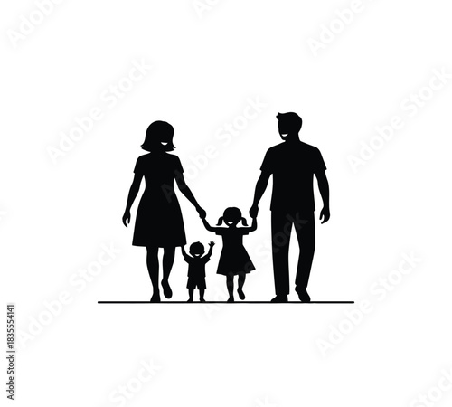A heartwarming silhouette depicts a happy family of four, including parents, a daughter, and a young son, walking hand in hand, symbolizing love, unity, and protection.