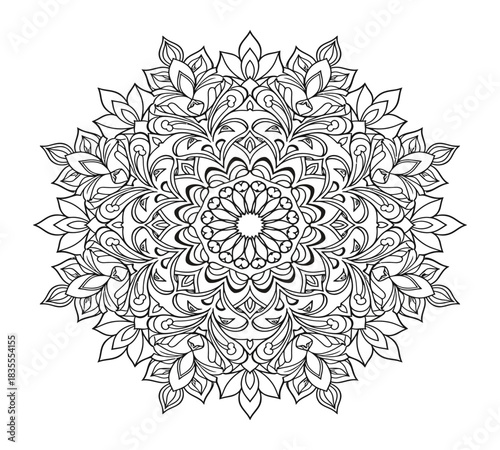 Detailed black outline mandala on a white background, perfect for coloring books, spiritual practices, meditation, relaxation, and decorative design elements.
