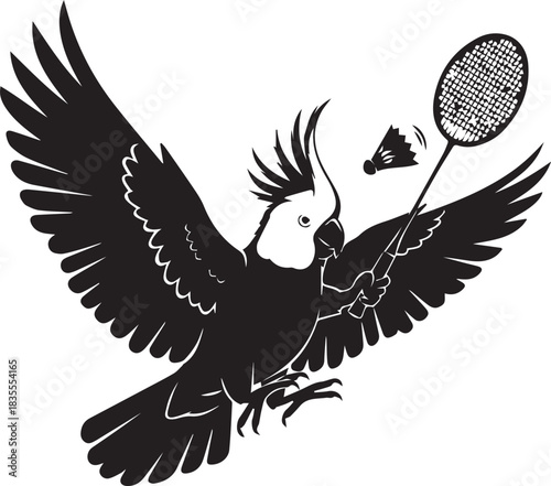 Black silhouette of a cockatoo bird playing badminton with a racket and shuttlecock